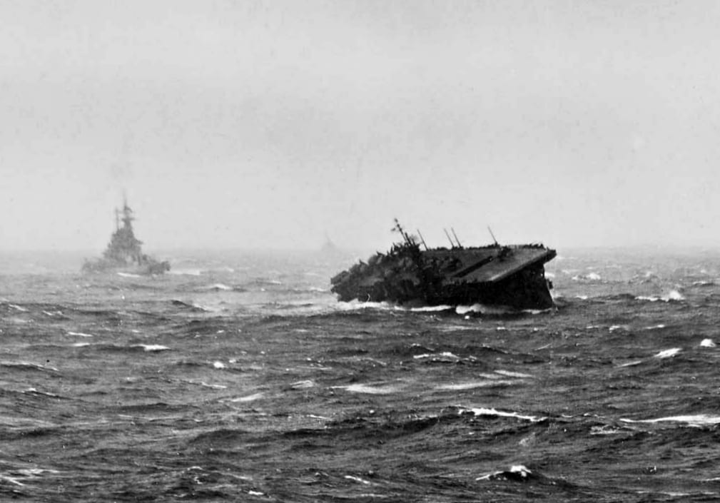USS Langley (CVL-27) rolling heavily during Typhoon Cobra, 18 December 1944