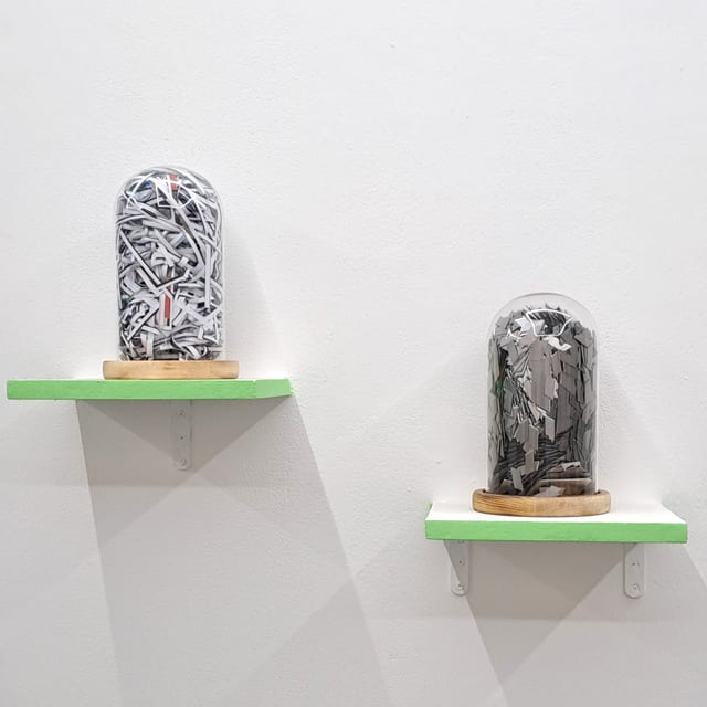 Jepren Solis’ (L-R) “Liners” and “Side”, made from amassed used and discarded cutouts from his “Out of Service” Zine