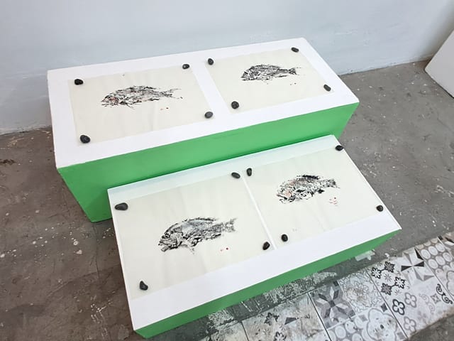 Installation shot of Tanya Villanueva’s Gyotaku prints from the series “How Ideas Die” (2024)