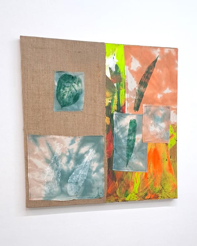 Potti Lesaguis’ “Fair Weather” (2024). Plant markings, textile, textile paint, burlap, thread, and acrylic on canvas