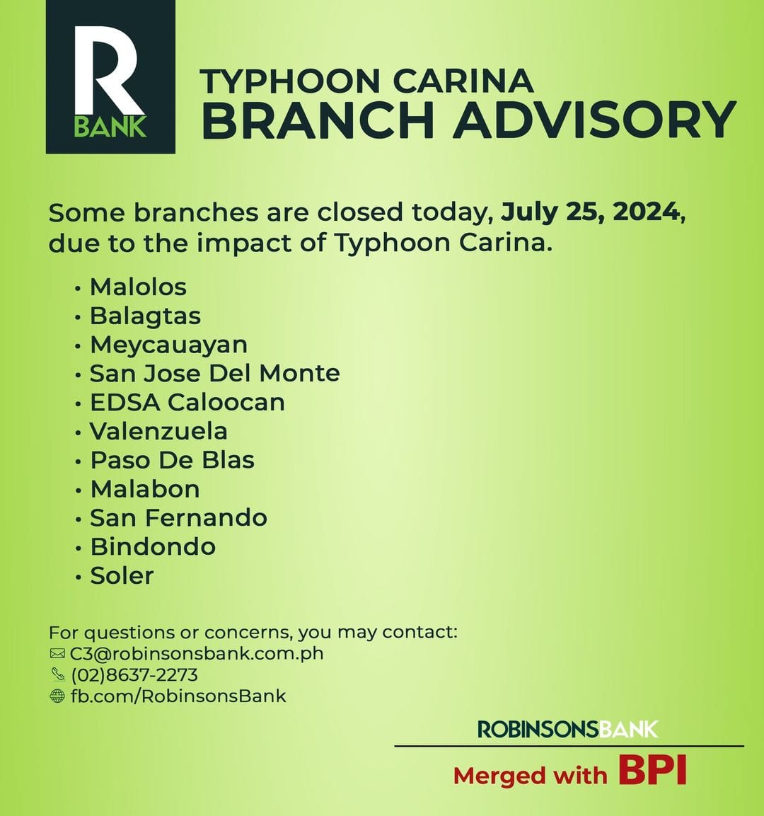 robinsons bank typhoon carina advisory