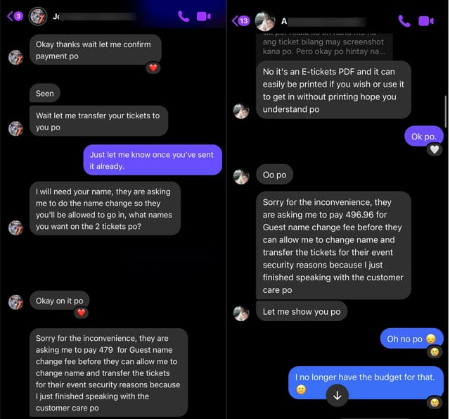 Scam chats on ticket-selling