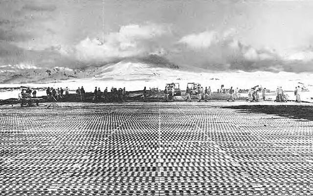 Marston mat laid by CB 45 on the Navy's auxiliary field on Tanaga Island in the Aleutians