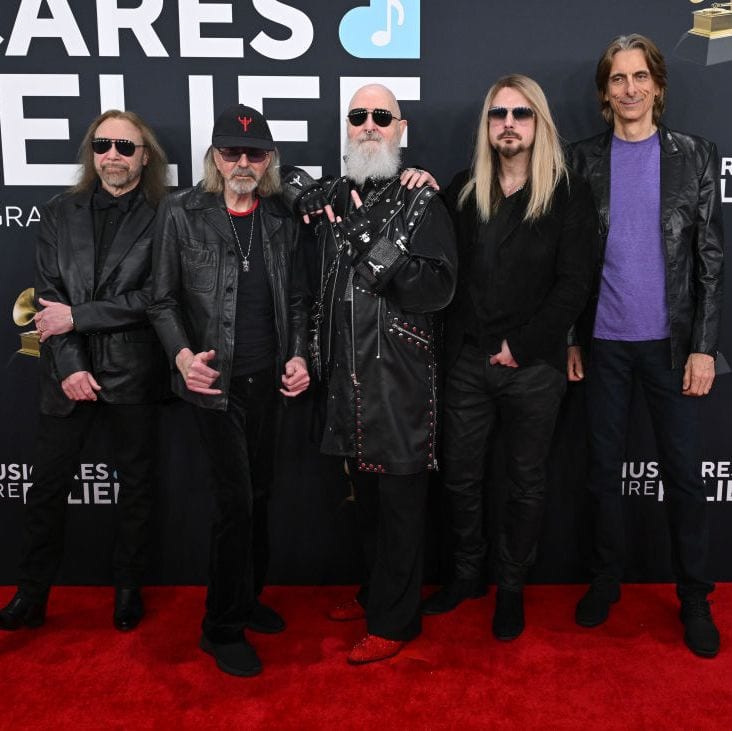 Ian Hill, Glenn Tipton, Rob Halford, Richie Faulkner, and Scott Travis of Judas Priest