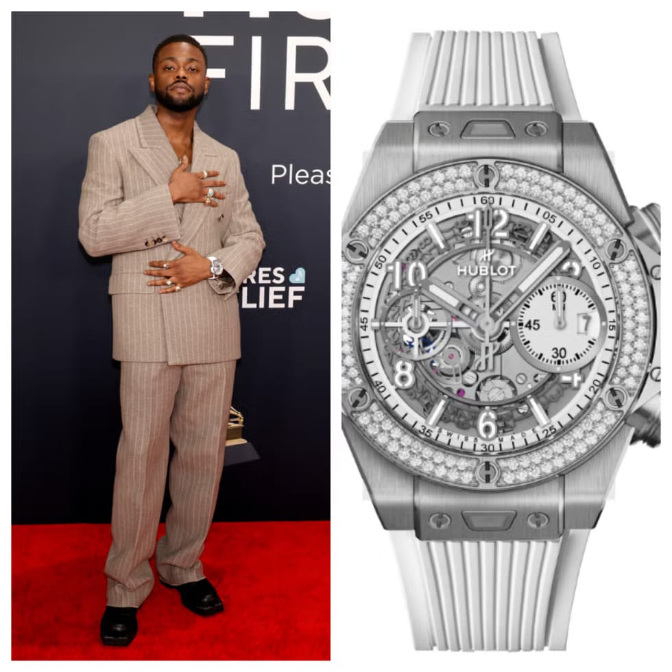 Dapper Nigerian singer and songwriter Lojay with his Hublot Big Bang Unico Titanium White Diamonds.