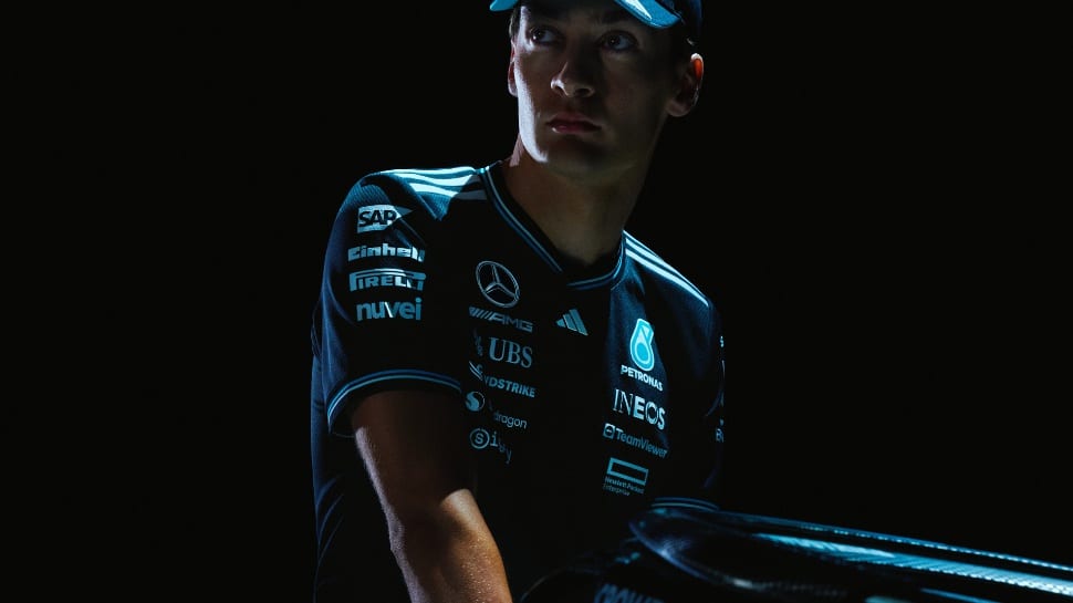 Adidas-Mercedes-AMG collab George Russell sporting the teamwear