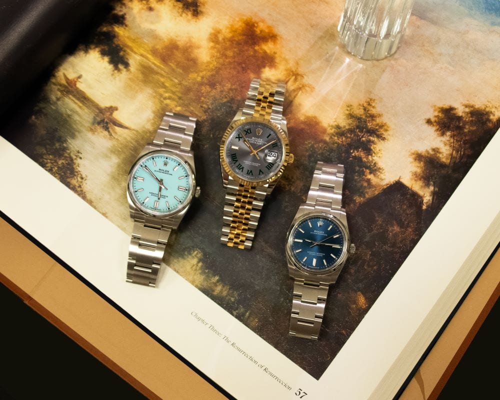 An Oyster Perpetual 36 with turquoise dial; a Datejust 36 with slate Wimbledon dial; an Oyster Perpetual 34