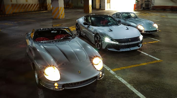 The Ferrari 12Cilindri flanked by two classic Ferrari cars, the 275 GTB4 NART Spyder and 275 GTB4