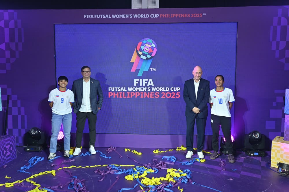 Philippine Women's Futsal player Alisha Del Campo, PFF President John Gutierrez, FIFA Tournament Director Jaime Yarza Gonzalez and Philippine Women's Futsal player Dionesa Tolentin