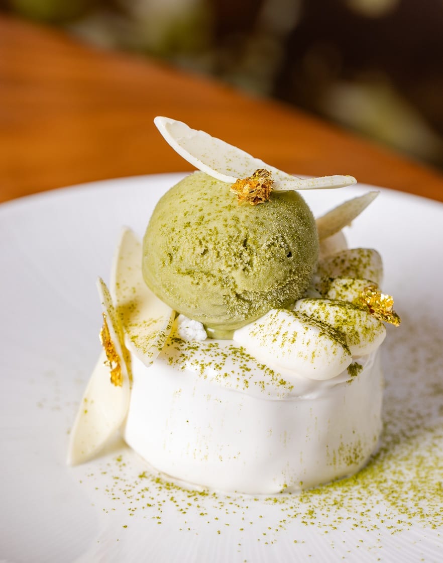 Chef Nobu's Matcha Coconut (Coconut Dacquoise, Matcha Ice Cream and Coconut Mascarpone)