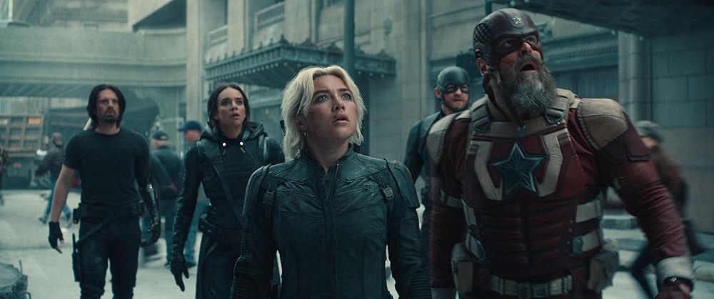 Wyatt Russell, David Harbour, Sebastian Stan, Hannah John-Kamen, and Florence Pugh in Thunderbolts* (2025)
