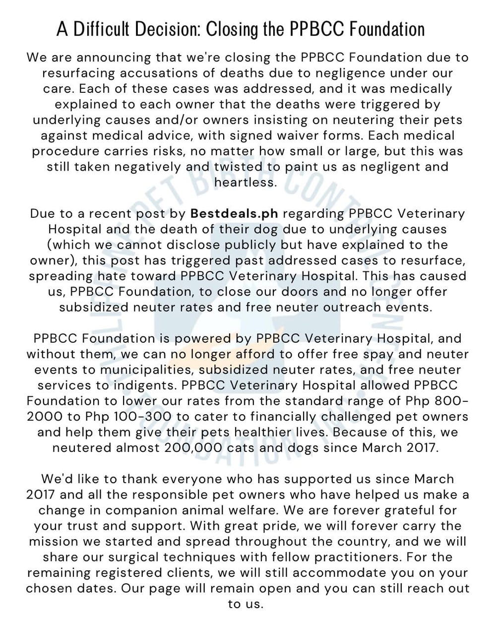 PPBCC announcement