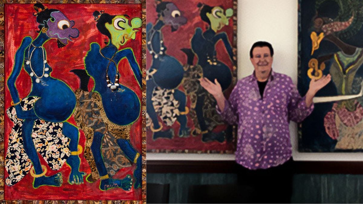 Pacita Abad’s trapunto created during her stay in Indonesia, “Gareng Dalam Dua Gaya II” from 1997, estimated at estimated at P1,800,000-P2,600,000 (left); Jack Garrity posing with the painting in Indonesia.