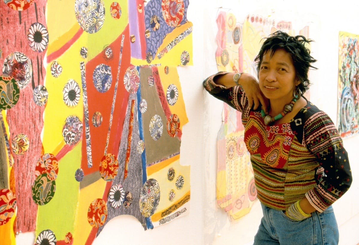 Pacita Abad with one of her trapunto paintings.