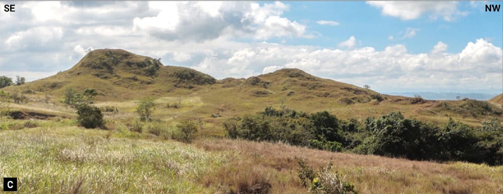 Field photograph of resistant ridges formed by multiple pyroclastic flow units exposed at Lannig.