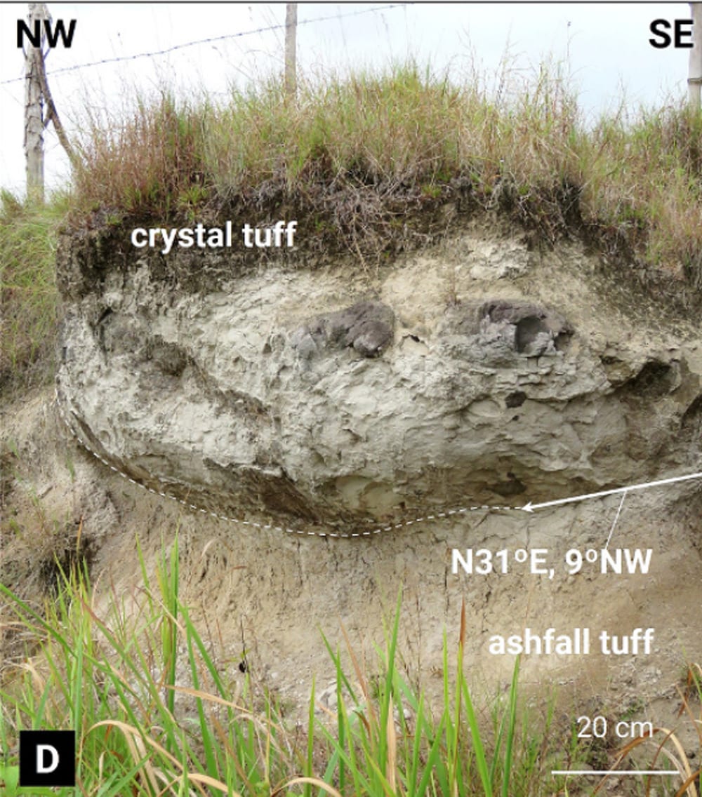 Tuffaceous deposits capping the
upper flanks of the outcrop