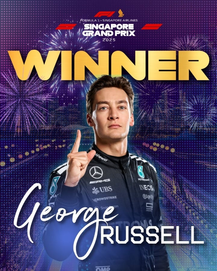 Mercedes F1 driver George Russell won for the first time in SGP2025