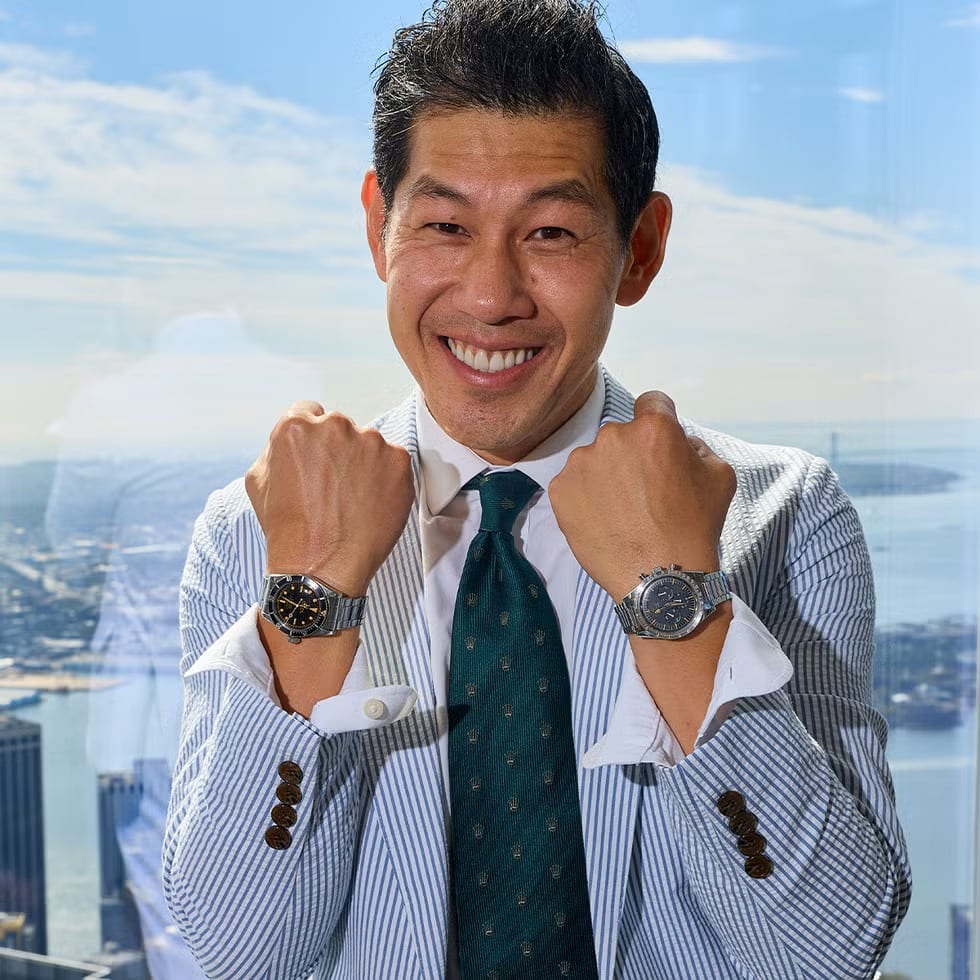 Rolliefest 2025 attendee Morgan King, sporting a vintage Rolex Submariner and an Omega Speedmaster.