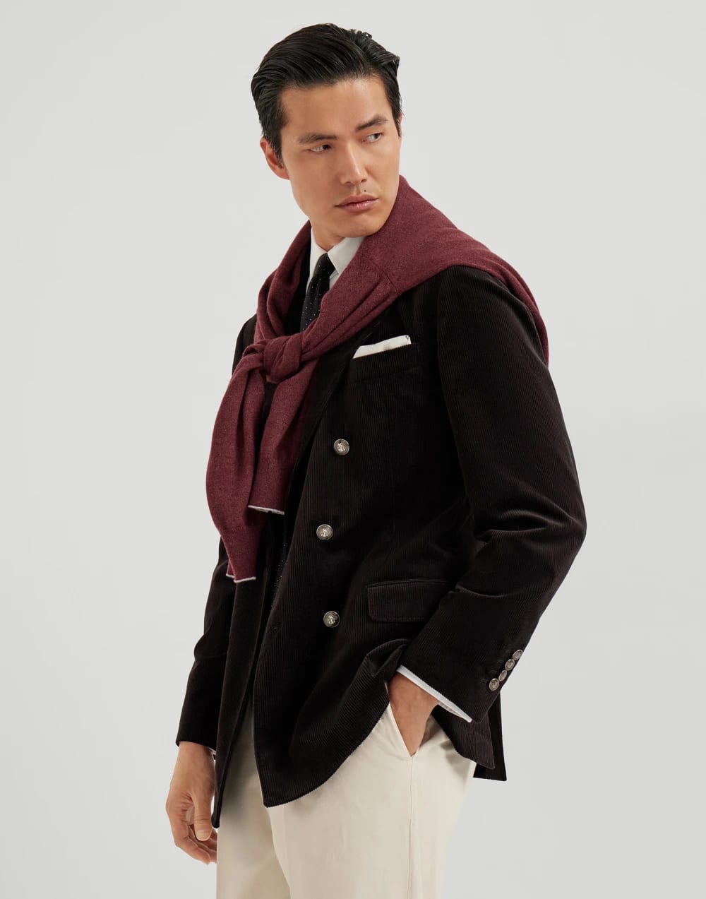 Comfort cotton and cashmere corduroy one-and-a-half breasted deconstructed blazer with metal buttons